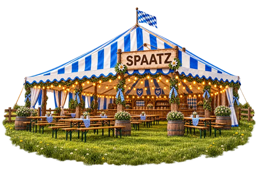 Blau-weißes Festzelt mit Biergarnituren auf dem Sportplatz